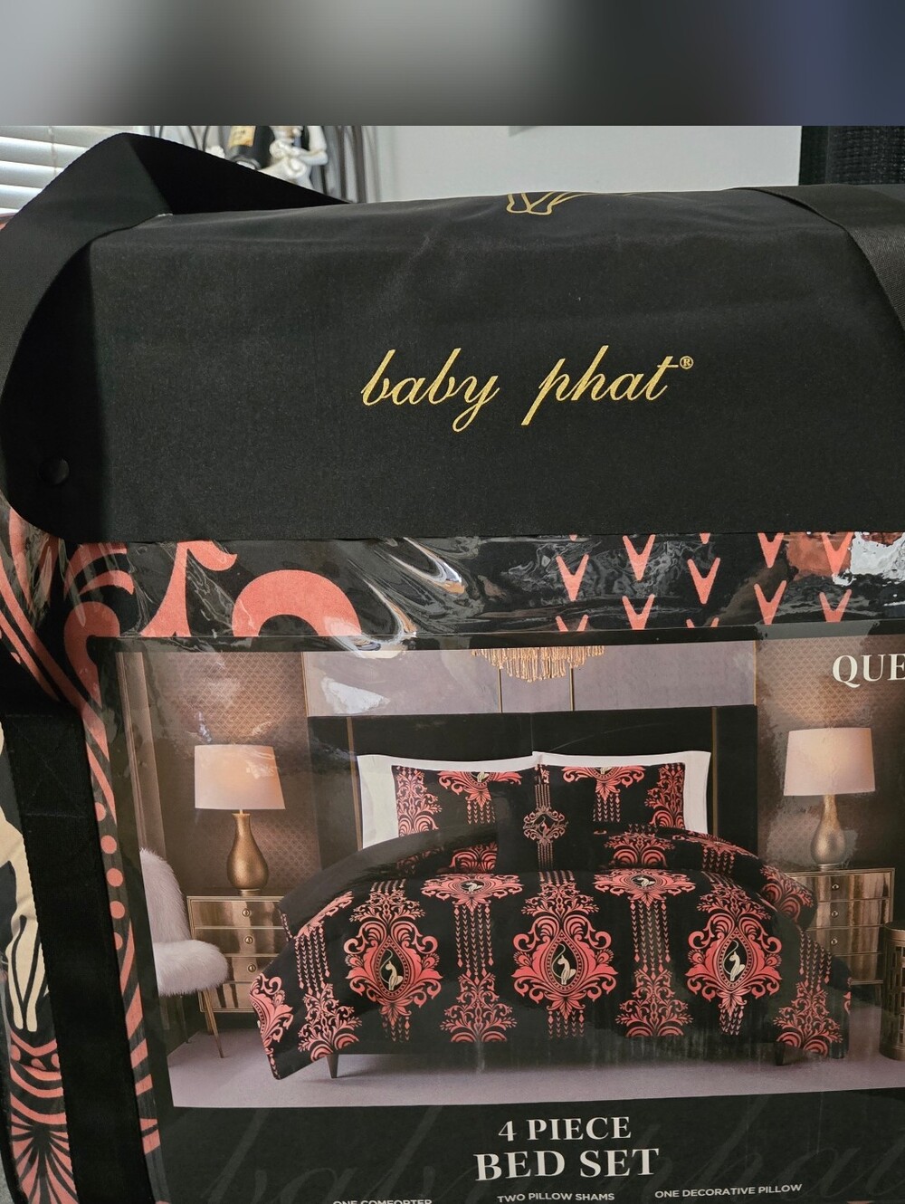 Queen Baby Phat Logo Comforter Bed Set Pink & Black